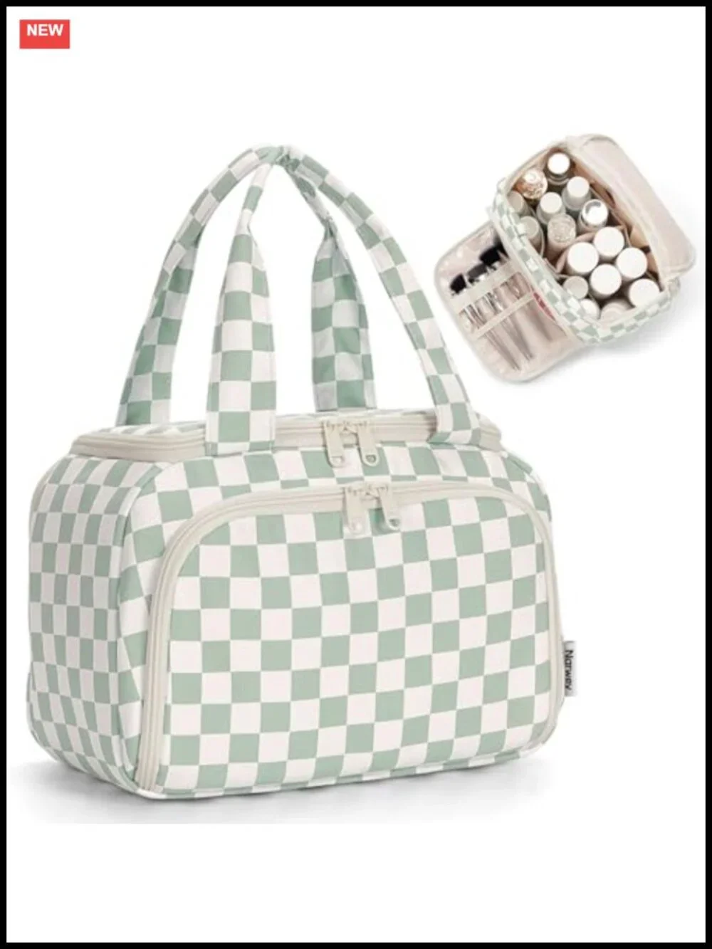 Checkered Travel Toiletry Bag for Women, Large Makeup Case with Handle,